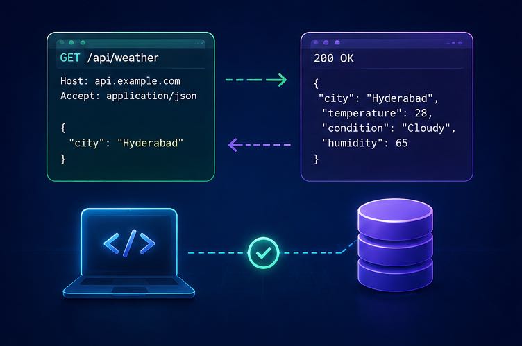 An API request and response showing endpoint, method, data and status