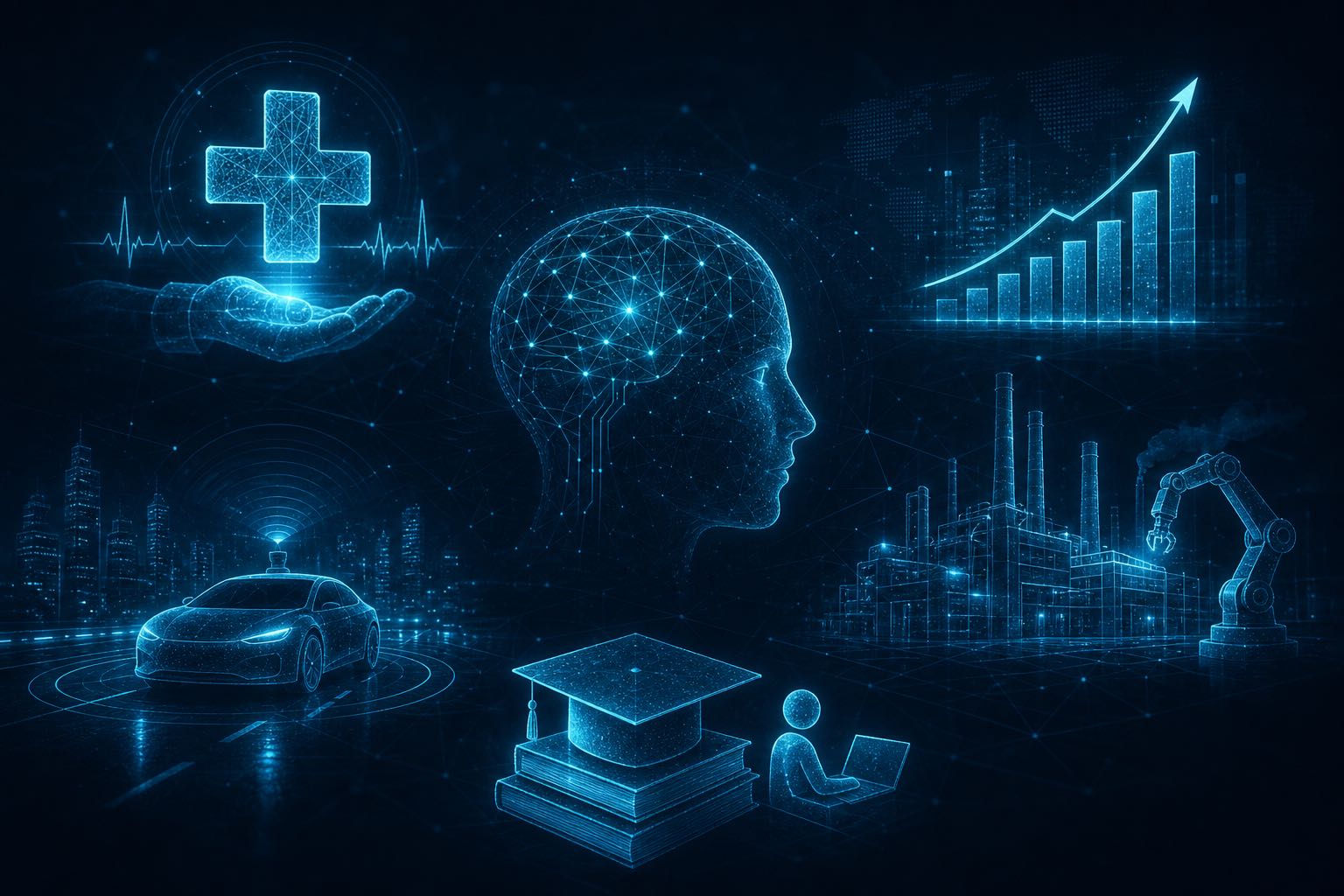 Icons representing AI applications across industries