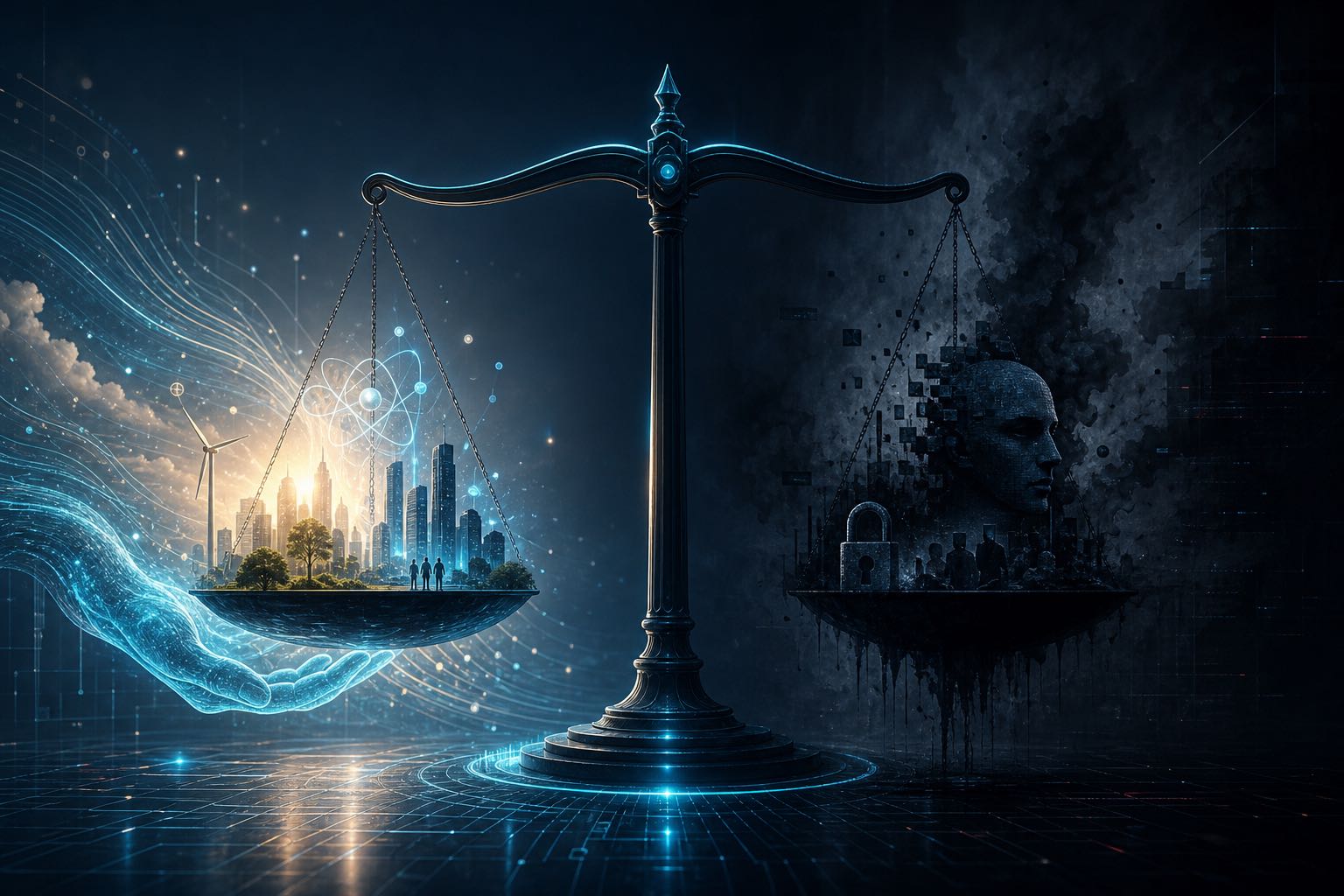 Balance scale representing AI benefits and challenges