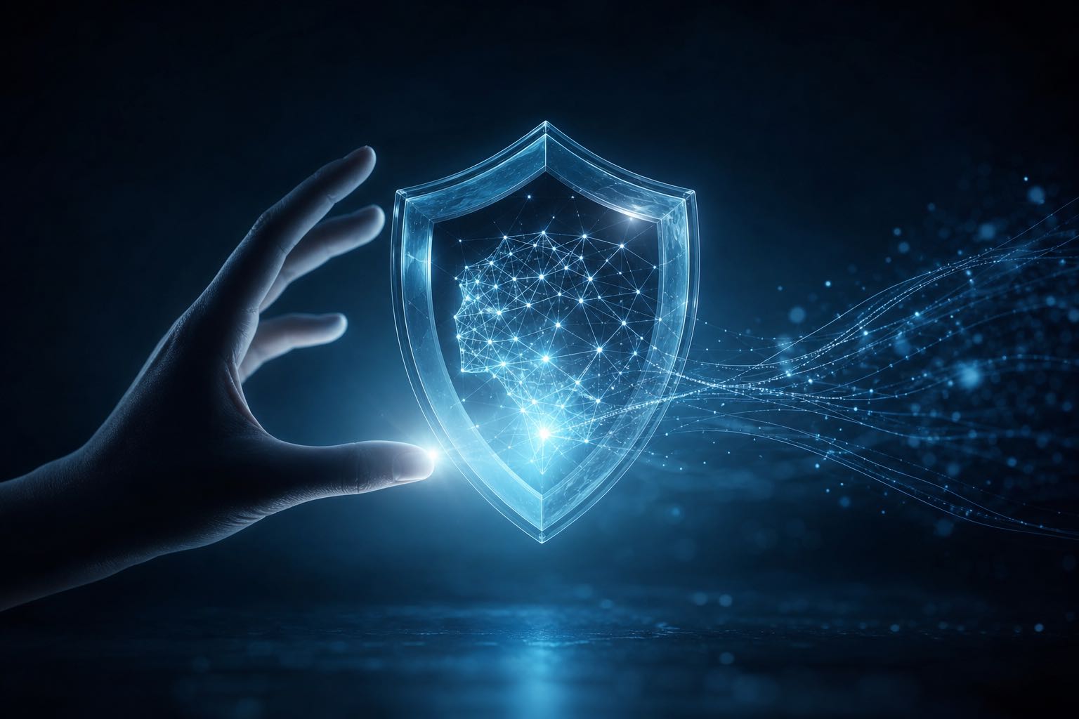 Shield and neural network representing responsible AI