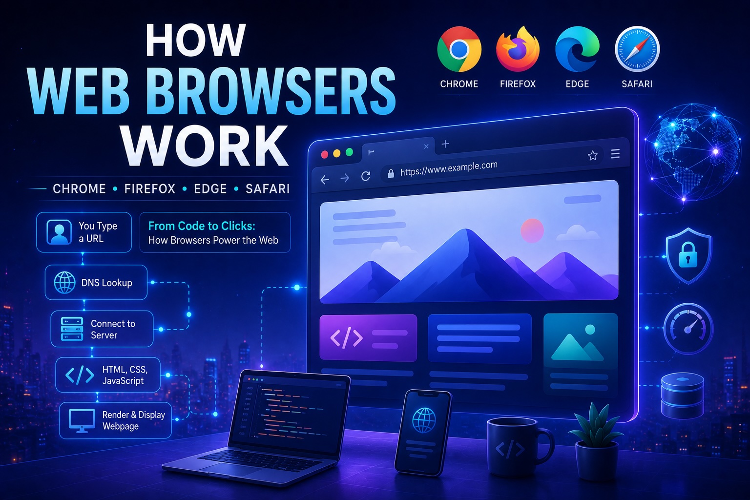 How Web Browsers Work cover showing a browser connected to web content and rendering systems