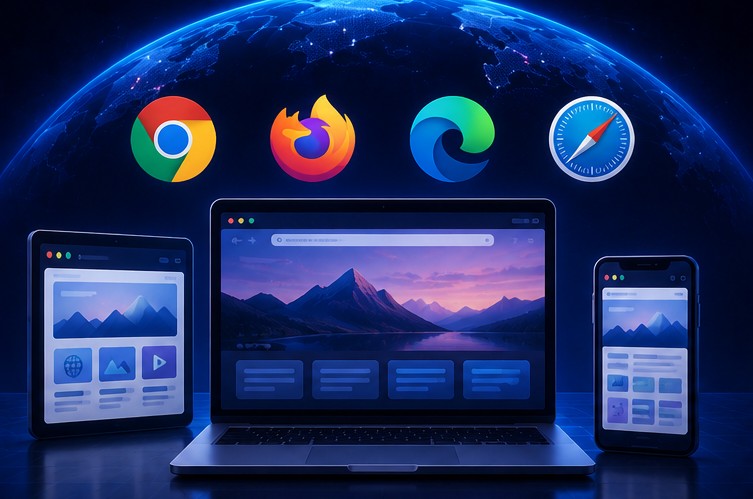 Web browsers presenting websites across desktop and mobile devices