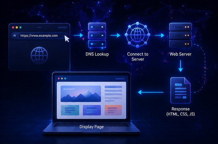 Browser navigation moving from a URL through DNS and HTTPS to a web server