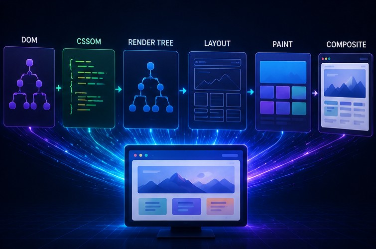 Browser converting HTML CSS and JavaScript into an interactive rendered page
