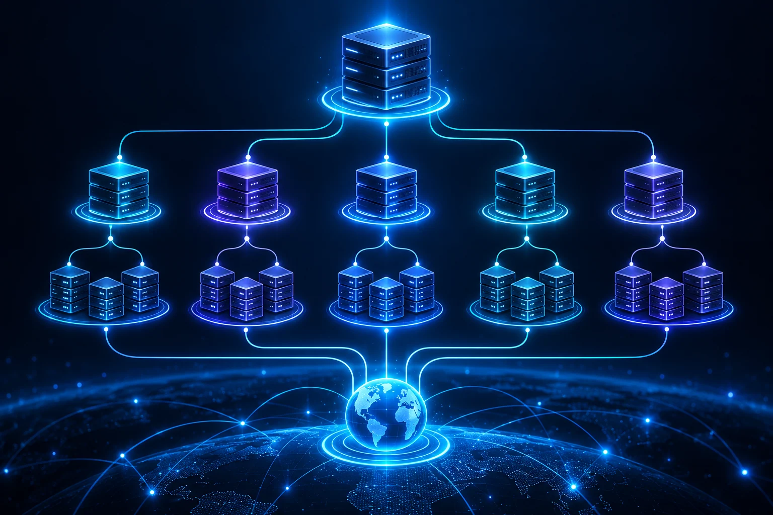 A hierarchy of root, top-level-domain, and authoritative DNS server groups