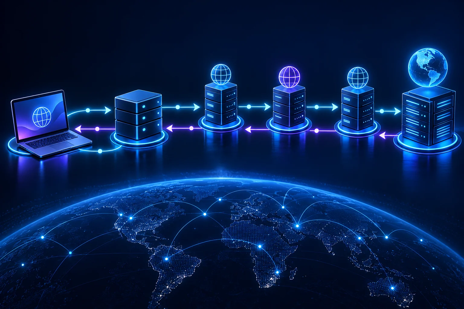 A DNS query travelling from a device through resolver and DNS hierarchy servers before returning
