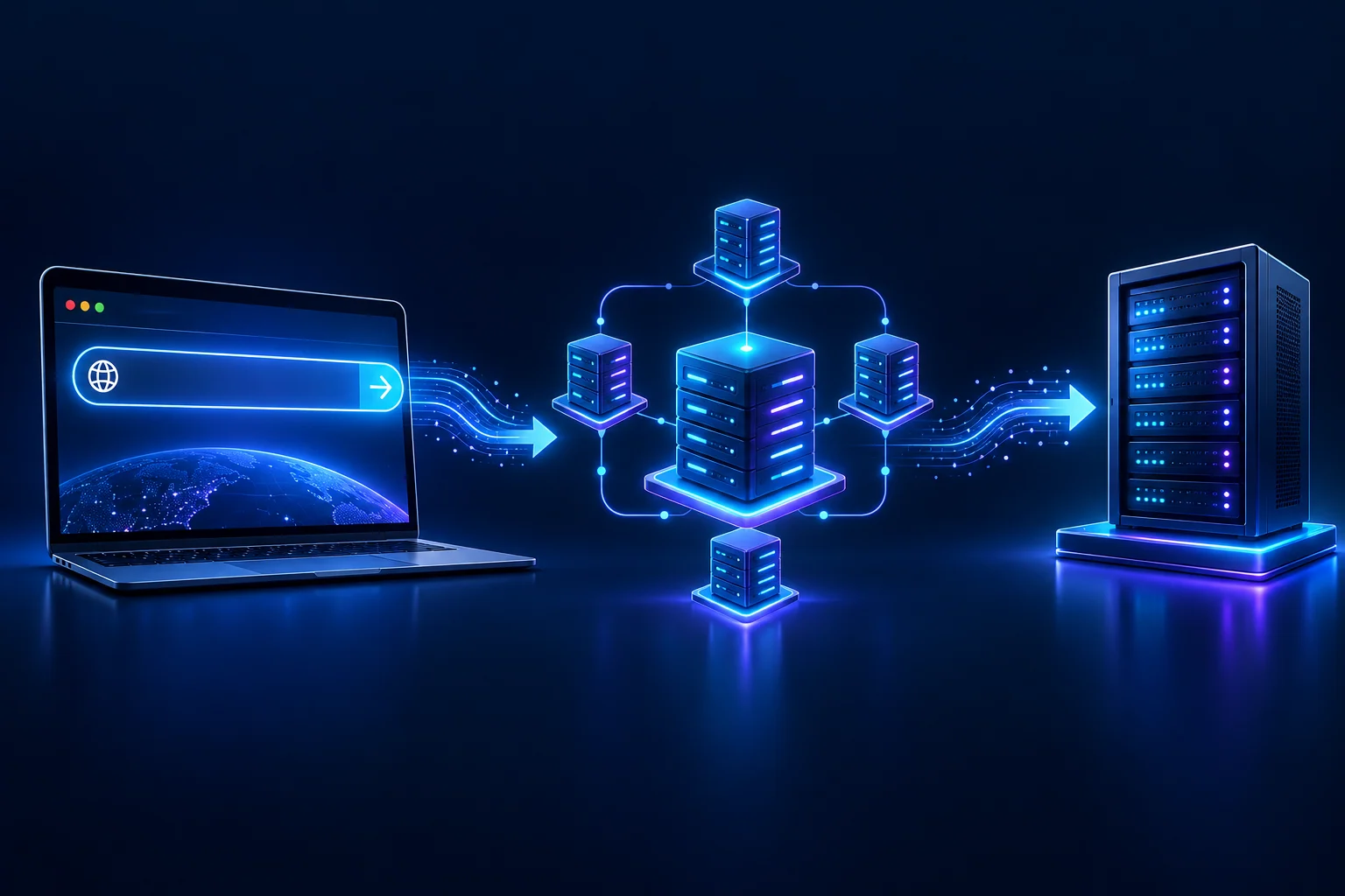 A domain name passing through DNS servers before reaching a destination server