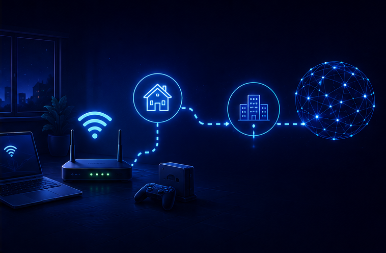 A device connecting through Wi-Fi, a router and an Internet Service Provider
