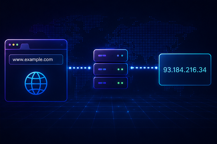 DNS translating a human-readable domain name into an IP address