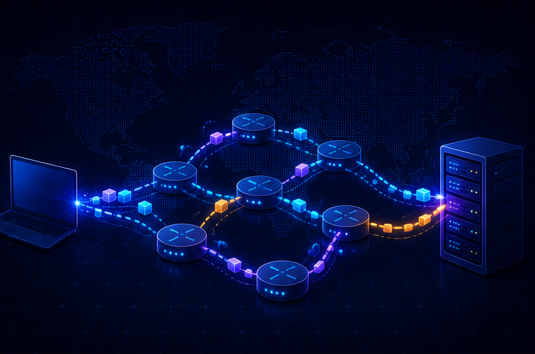 Data divided into packets traveling through multiple routers across the Internet