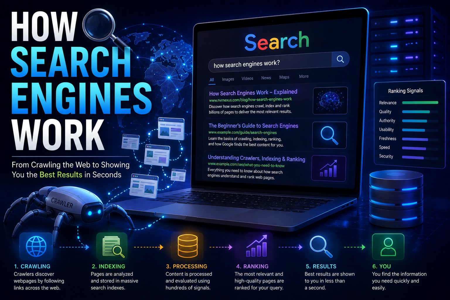 How Search Engines Work cover showing a search interface connected to webpages, indexes, and ranking systems
