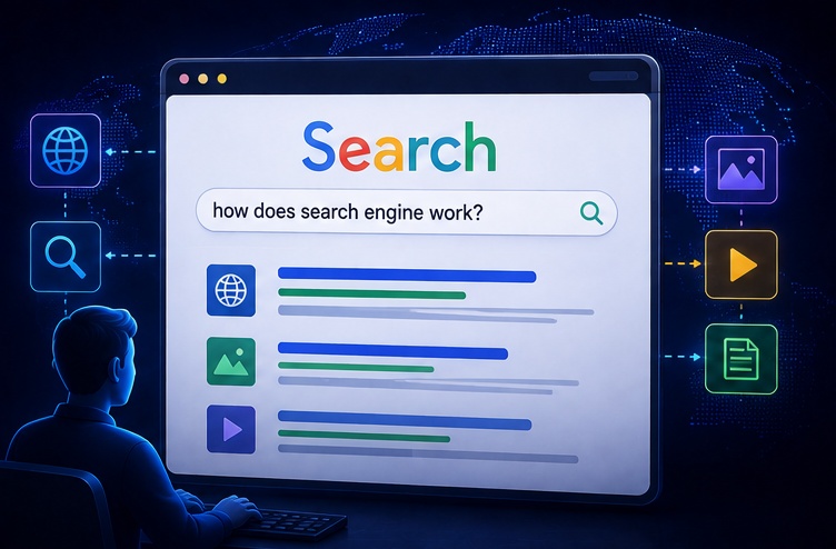 A search engine connecting a question to an organized index of webpages