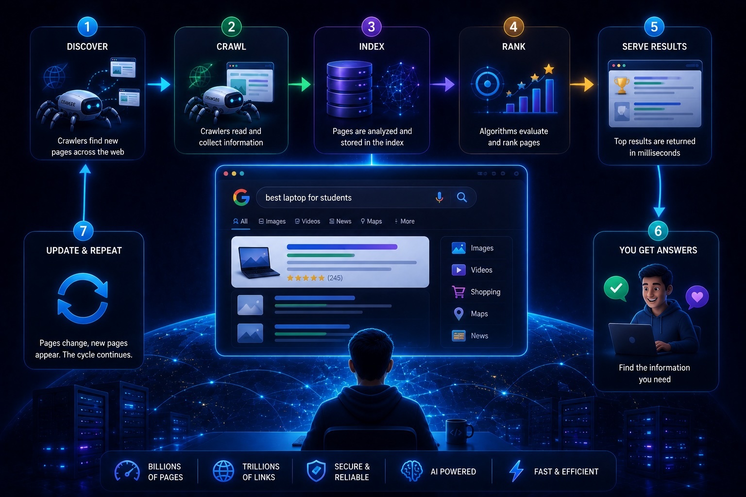 Complete search-engine pipeline from webpage discovery to a ranked result