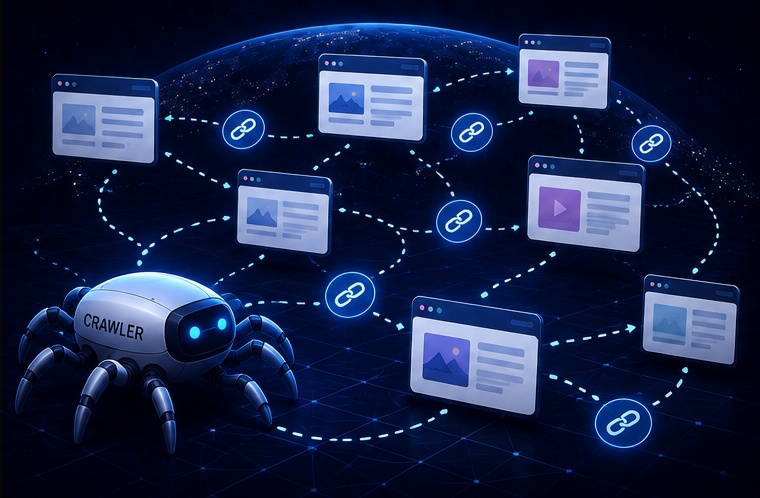 Search crawler discovering URLs through links and an XML sitemap