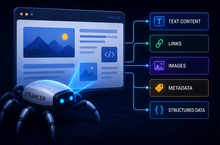 A search crawler fetching HTML, following resources, and rendering a webpage