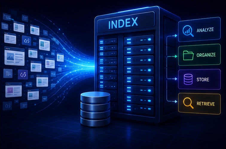 Search indexing systems organizing page content and selecting a canonical URL