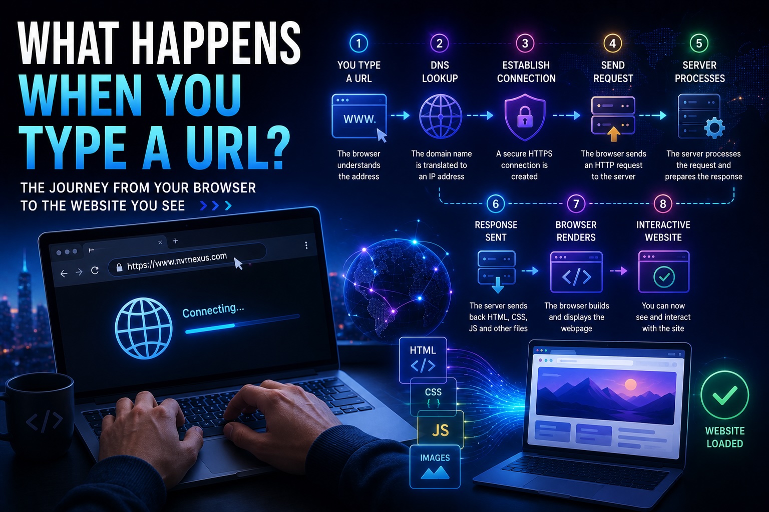 What Happens When You Type a URL cover showing the journey from browser navigation to an interactive webpage