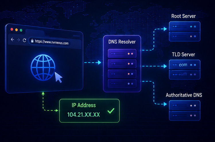 A DNS resolver consulting root, top-level-domain, and authoritative servers before returning an address