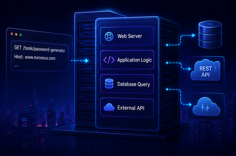 A web request moving through edge infrastructure, application services, caches, and a database