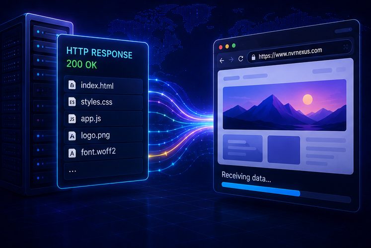 A server returning an HTTP response and webpage resources to a browser