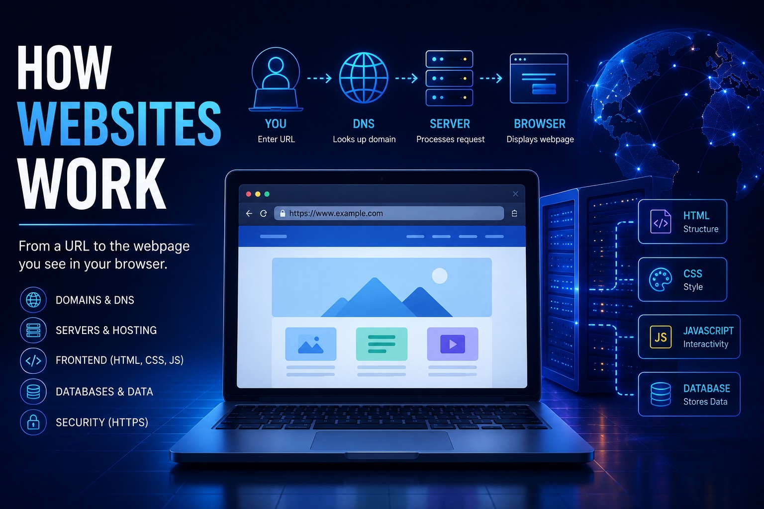 How Websites Work cover showing a browser connected to web technologies and servers
