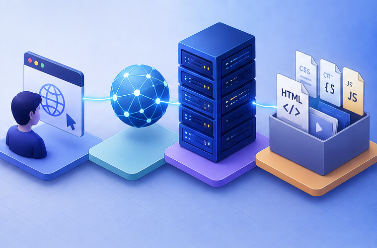 Browser, Internet connection, server, and website files working together