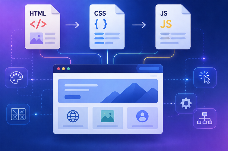 HTML structure, CSS presentation, and JavaScript behavior forming a rendered webpage