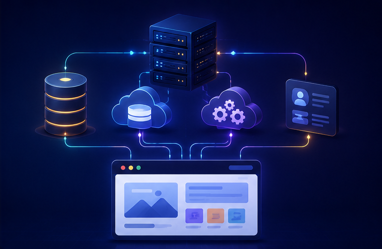 Website receiving content from databases, APIs, cloud storage, and publishing systems
